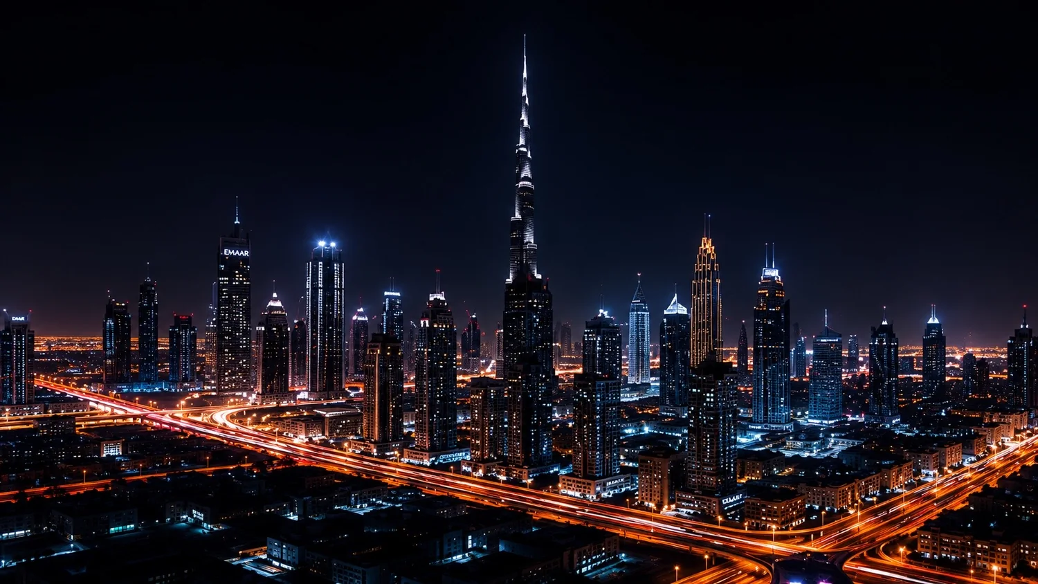 Dubai skyline at night with market-speed light trails